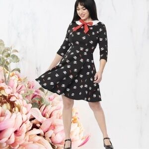 Unique Vintage NWT Black & Panda Print Wednesday Flare Dress - Size Large